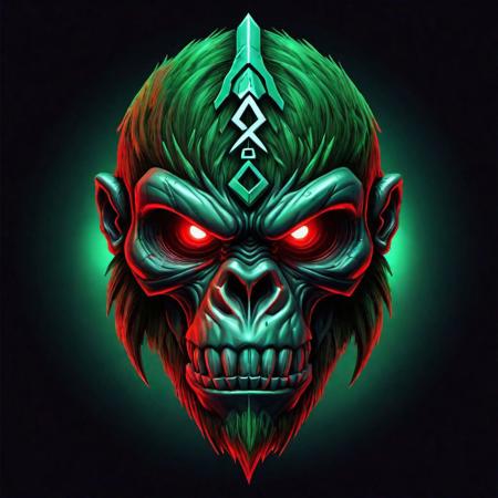 A captivating image of an awe-inspiring modern and futuristic logo representing a Futuristic Assassin group is brought to life through the use of Nordic runes. The Logo showcases an intricate design of an detailed dark fur Majestic head skull ((Kong)), enveloped in a dark backdrop. Their eyes, gleaming in a striking red and green gradient hue, add an air of mystery to the composition. add 2 intersecting hockey sticks.
This highly detailed image, presented as a digital illustration, radiates a superior quality, leaving viewers in awe of its artistry.