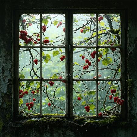 Low-angle view through dust-streaked antique window: gnarled branch shadows dance across dew-kissed velvety moss and tangled crimson raspberry canes.
Focus: intricate shadow-play. Cinematic natural lighting by Emmanuel Lubezki, shallow depth of field. 
Palette: desaturated greens, umber, deep crimson, illuminated by soft silver light.
Key textures: weathered wood grain, damp moss, translucent leaves. (Atmospheric:1.05)