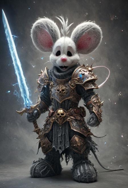By KentarM Miura, realistic, photorealistic, volumetric lighting, italian, a bold and fancy image of fluffy diddl mouse made of knitted wool, bold lines, perfect lines, emphasis lines, vertical lines, floating in space, stars, DARK Skull hkmagic Knight in rusty armor diddl wielding large rusty Iron sword, outworn weathered Armor, Large spiked shoulder Armor, ghostly, sword Slash, a bold drawing image infront of a mystic colorful translucent abyss background,