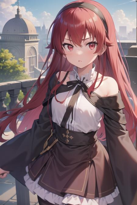 erisgreyrat, <lora:eristest:1>, 
eris greyrat, ahoge, hair between eyes, long hair, (red eyes:1.5), red hair, sidelocks, (small breast:1.2),
BREAK black hairband, black ribbon, brown skirt, hairband, long sleeves, neck ribbon, pantyhose, ribbon, shirt, shoulder cutout, skirt, white pantyhose, white shirt, wide sleeves,
BREAK looking at viewer,
BREAK outdoors, city,
BREAK <lyco:GoodHands-beta2:1>, (masterpiece:1.2), best quality, high resolution, unity 8k wallpaper, (illustration:0.8), (beautiful detailed eyes:1.6), extremely detailed face, perfect lighting, extremely detailed CG, (perfect hands, perfect anatomy),