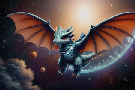 A cute dragon flying through space wearing a space suit, (cut13cl0th3stech:1)