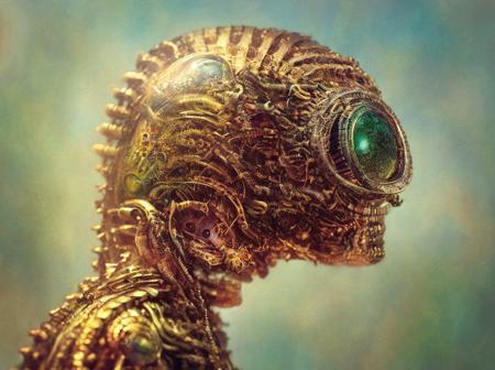 (((8k portrait of a biomechanical creature))), intricate, elegant, highly detailed, majestic, digital photography, surreal painting gold butterfly filigree, broken glass, (masterpiece, side-lighting, finely detailed beautiful eyes: 1.2), HDR, (((in the style of biomechanical))), (inspired by HR Giger), ((background desert mountains))