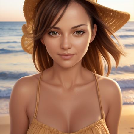 close up portrait of a woman wearing a sundress, on a beach, golden hour