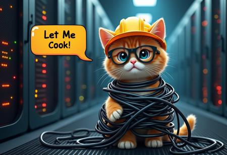realistic picture of a cute kitty with security glasses and a yellow hard safety hat looking into the camera wrapped in network cables and a holding a ball of wires in his paws, sitting atop a pile of wires plugged to server racks and a mess of wires hanging in the back, inside a datacenter server room with red, yellow and green led lights blinking in the server racks in the background, a cartoon text bubble floating beside the kitty with the text "Let Me Cook!"