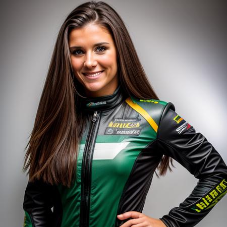 a Realistic portrait of a danica patrick woman with brown eyes and long brown Hair style, looking at the viewer, detailed face, detailed eyes, smiling, perfect slim body, modelshoot style, hand on own shoulder, wearing a green and black racing suit,  soft lighting, professional Photography, Photorealistic, detailed, standing in a dark Studio Room background, blurred background, RAW, analog, sharp focus, 8k, HD, DSLR, high quality, Fujifilm XT3, film grain, award winning, masterpiece
<lora:danica patrick v1.2:1>