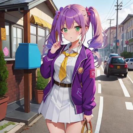 High quality! high quality, 1 girl, murenase, kurumi, nekomai, kurumi nekomai, light purple hair, multicolored hair, pigtails, green eyes, multicolored hair, disinterested look, purple serafuku, purple jacket, white shirt, yellow tie, white skirt, standing , blushing, standing, (full body: 1.2), best quality, high resolution (artwork: 0.8), (beautiful detailed eyes: 1.6), perfect lighting, extremely detailed CGI (perfect hands, perfect anatomy)