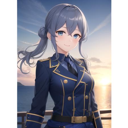 ((masterpiece)),(best quality),official art,extremely detailed CG,unity 8k wallpaper,ultra detailed,A lighthouse on a cliff by the sea,1girl,solo,upper body,(portrait:1.2),half_gloves,mole_under_eye,blue_hair,long_hair,military_uniform,blue_eyes,white_gloves,single_hair_bun,blue_skirt,blue_sailor_collar,black_necktie,collared_shirt,medium breasts,long_sleeves,hair_between_eyes,thigh_strap,rudder_footwear,looking_at_viewer,smile,black_neckerchief,blue_thighhighs,belt,<lora:Gotland(kan)>,