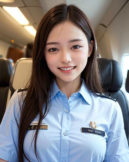 (photorealistic:1.4), (best quality:1.0), (ultra highres:1.0), 8k, RAW photo, (masterpiece:0.2), (big smile with teeth:1.2), (uniform:1.5), portrait, airplane, 
<lora:zyd232_ChineseGirl_v3_9:0.65> zydG, 1girl, detailed skin, beautiful clean skin, looking at viewer, brown eyes, (small breasts:1.0)