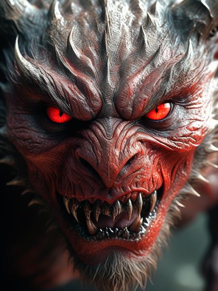 Close-up view of a monstrous creature's face, centered in the frame, (detailed texture:1.2) with a ferocious expression, showing sharp teeth bared in a menacing growl, eyes glowing red, showcasing dark, complex shadows and highlights across the face. The creature's skin appears like rough, aged bark, with varying shades of brown and dark tones, contrasting with the stark light in the eyes. The overall mood is dark and ominous, evocative of a mythical beast. High detail digital art, stylized illustration, photorealistic, epic scale, dramatic lighting, (intricate details: 1.1), intense, (red eyes: 1.2),
 <lora:CINE-000008:1> CINE ,<lora:unholy-000009:0.51> ,<lora:BeautyInEvilXL:0.51> hkevil