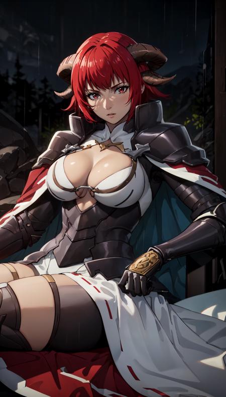 goat horns red hair short hair red eyes armor white outfit cleavage cutout leather straps shoulder pads red cape