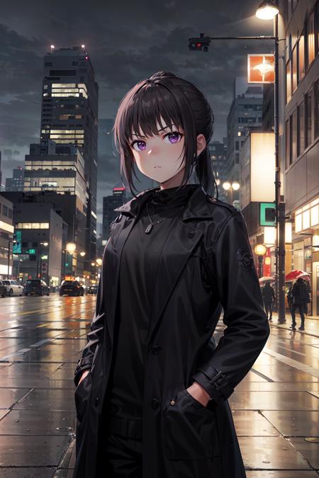 (masterpiece, best quality:1.4), looking at viewer, serious, cowboy shot, takina inoue, purple eyes, black hair, ponytail, sidelocks, coat, hands in pocket, outdoors, sidewalk, night, skyscraper, tower, rain, <lora:takina_inoue_v1:0.7>