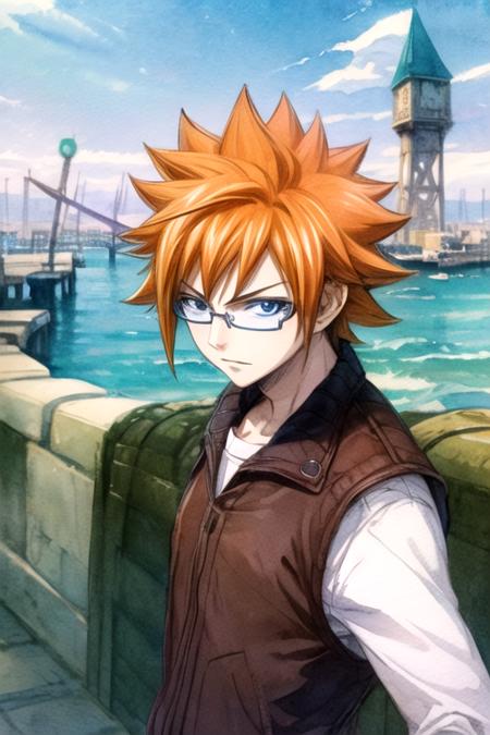 masterpiece, best quality, sketch, 1boy, solo, male focus, looking at viewer, , depth of field, (watercolor illustration, soft pastel colors:1.1), realistic, <lora:loki_fairy_tail:0.74>, loki_fairy_tail, orange hair, black eyes, glasses, spiked hair, , pier, HD