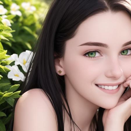 (18 year old teen:1.1), (photorealistic), happy, smiling, masterpiece, ((hebe)), absurdres, (sfw), (short messy black hair), bang, green eyes, blush, adorable, detailed face+eyes, detailed pupil, blush, outside, in the garden, home in background, pale skin, skindentation, natural lighting, looking at viewer, blush, happy, (face closeup), wearing summer dress, (holding hair), hand