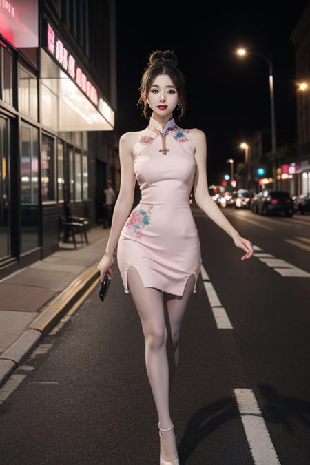 ltra-detailed,highly detailed,best quality,masterpiece,illustration,realistic,
ydwhqp,qipao, 1girl, solo,
pink dress,pantyhose, 
hair bun, parted bangs,
looking at viewer, walking,cowboy shot, 
outdoors,night,cityscape, street, 
 <lora:ydwhqp qipao_v1_01:0.7>