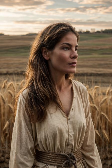 portrait photograph, upper body,  a peasant woman in a traditional peasant clothing at the wheat farm, soft lighting, (high detailed skin:1.1)
 <lora:0more_details:1> <lora:michelle_monaghan_lora_v01:1> michmon