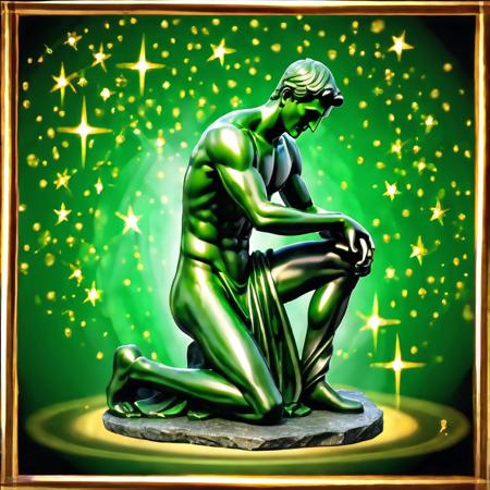 Black to green gradient background, The gray stone statue of a man kneeling, full body, golden frame, golden stars, magic, casting spell