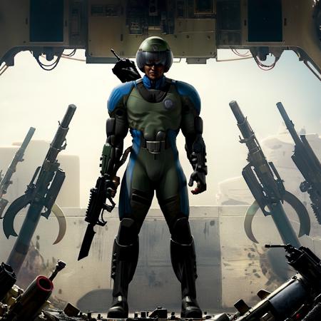 marine, facing forward, man wearing body suit and helmet with gray visor covering face, holding weapon, epic background, art by craig mullins <lora:MarathonMonsters:0.8>