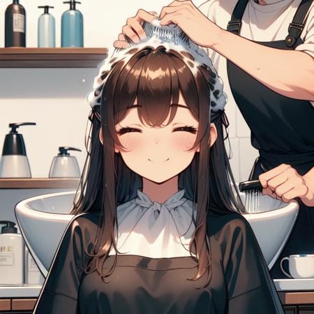 hair salon a strong boy a apron hairstylist stand behind girl lying on ceramics sink lather on hair shower head  shampoo transparent cover-up closed eyes smile wet hair