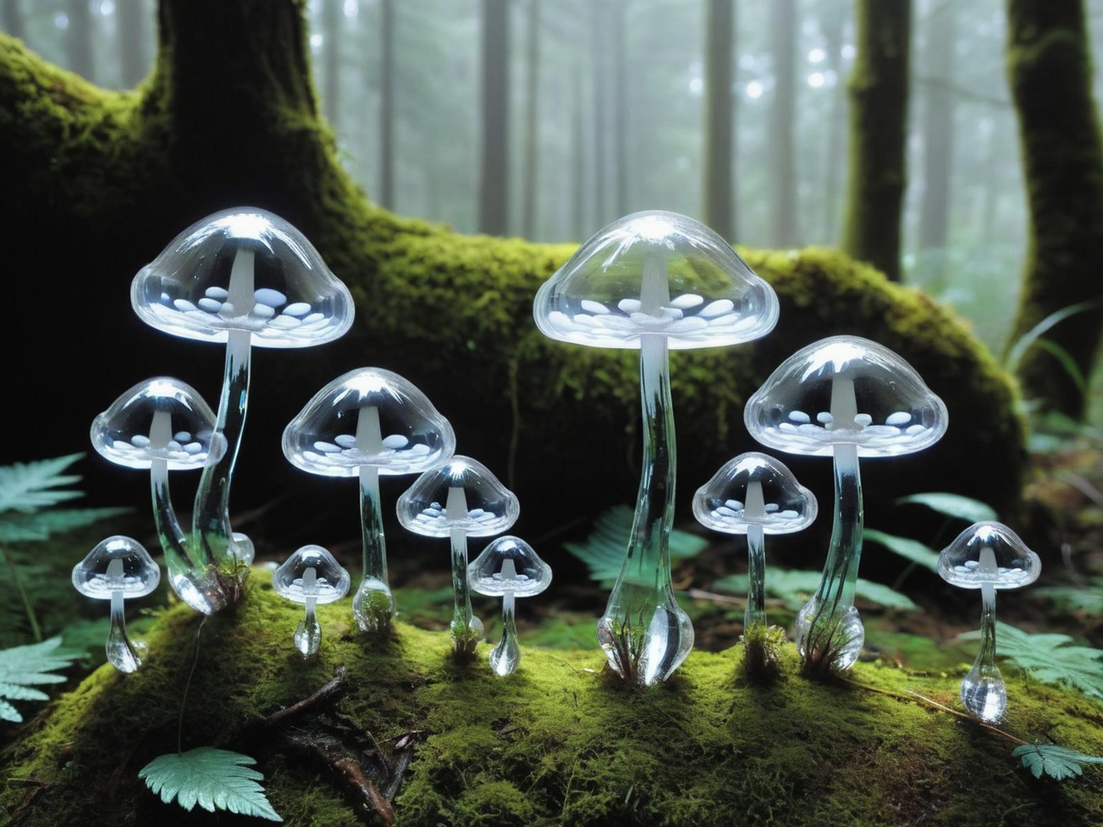 A group of glowing mushrooms growing on a mossy tree stump