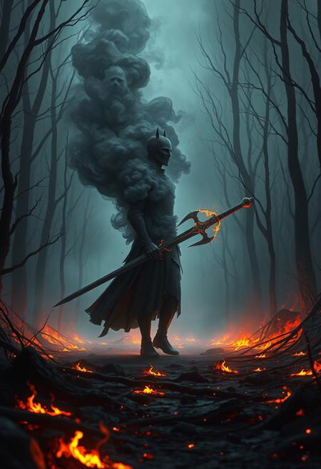 High fantasy illustration of a Knight made of smoke and ash wandering in a charred forest, dragging a massive sword along the ground. Embers glow softly. Dynamic lighting enhances the scene's eerie beauty. Detailed, intricate, fantasy concept art, 4k resolution, trending on Artstation, dark, ethereal, haunting, best quality.