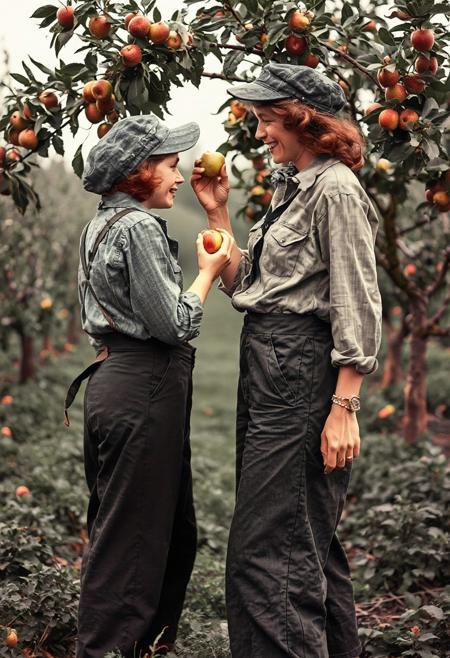 Two Great Depression era lovely women hoboes, dressed in loose wool trousers, unbuttoned cloth work shirts, and newsboy caps. They are picking apples from a tree in apple tree field, the smaller, 18yo, hobo being fed a bite of apple by the larger, 35yo hobo. The larger hobo has her hand on the rump of the younger hobo, dominant, smiling lovingly. The younger hobo is pleased.