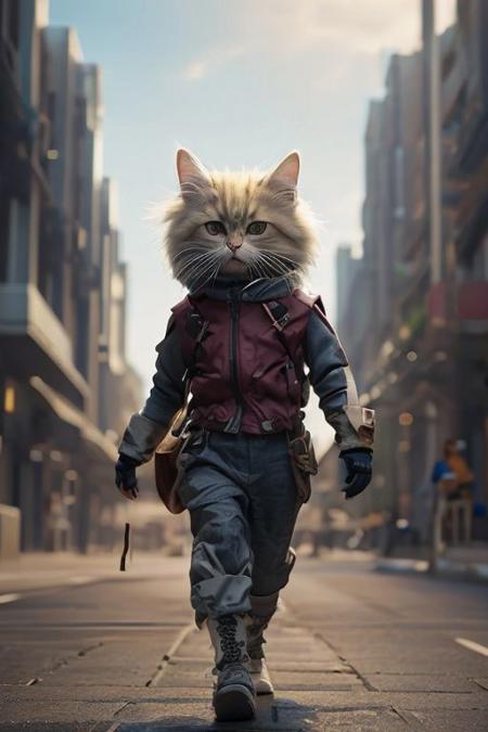 a woman's head, on a cat's body, running down a street, with a plane on her back