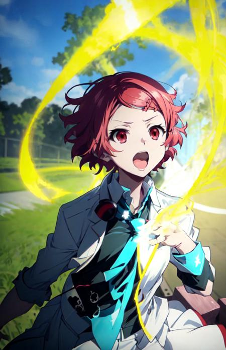 minase koito, red eyes, short hair, red hair, hair ornament, big headphones, school uniform, headphones around neck, open clothes, white skirt, long sleeves, white blazer, green lines, black shirt, blue necktie, black tights, boots shoots yellow beam vortex in front of face,  yellow beam spreads forward,glowing,open mouth, shout