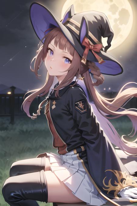 sweep tosho \(umamusume\), shobufuku, witch hat, twintails, hair rings, very long hair, black robe, white gloves, wide sleeves, white skirt, thigh boots, sitting on rooftop, on top of house, (night sky), star_(sky) , moon, light particles, <lora:sweeptosho2e4-000091:0.8>, looking ait viewer, dynamic angle, from side, head tilt, night, flat chest