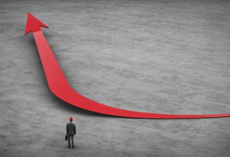 a person standing next to large red arrow in a gray background, in the style of digital art, high-angle, figuration libre, canon 7, passage, louis, panorama