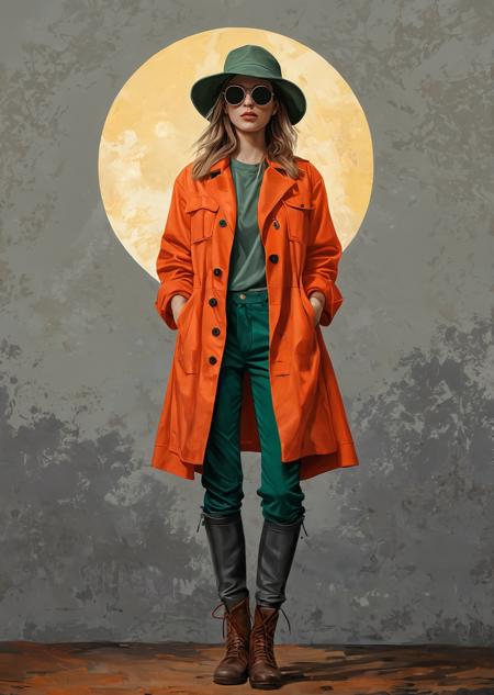 Create a detailed digital illustration in the style of an oil painting, featuring a young woman standing confidently against a warm, textured background with a glowing sun. She wears a wide-brimmed hat with goggles, a loose red jacket over a gray t-shirt, and two-tone cargo pa.nts - one leg orange, the other green - paired with high-top boots with orange laces. Use slightly rough texture and dramatic lighting to highlight the folds of her clothing and the details of her accessories. The colors should be rich and saturated, creating a vivid, dynamic atmosphere. Keep the background minimal and neutral to emphasize the bold and adventurous mood —ar 3:4 —s 1000 —style raw —v 7
 <lora:Dorota_2:1> Dorotanima style