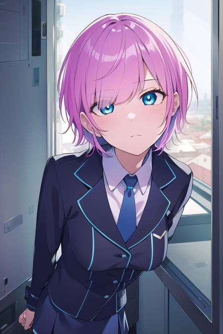 riri yuuhi, aqua eyes, pink hair, short hair, blue footwear, blue jacket, buttons, jacket, long sleeves, miniskirt, necktie, school uniform, skirt, thighhighs, zettai ryouiki