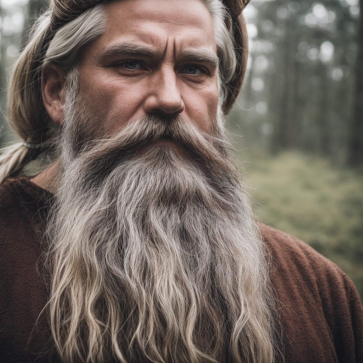 (Gorgeous Photo:1.3) of (Ultra detailed:1.3), dwarf, white beard, white mustache, white hair in pony tail, viking style, f...