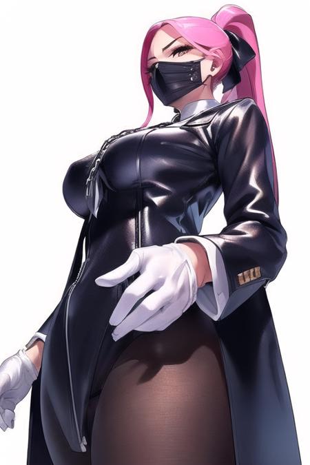 (1girls:1.4), (((solo,
 long hair, pink hair,  ponytail,  mouth black  mask , (black gloves), bodysuit, skin tight, brown eyes, necktie,(( long black coat)), ((black dress)), (holding chain in hands), black jacket, (((white dolls))), uniform  Seijyun High School, <lora:Aoi_Zaki_TV1:0.5>
)))
(((mature and milf))),  wide hip,
((((from below)))),((from front)),
(((sticker with white border))),  ((((basic white background)))),((solo)), (dynamic pose:0.9), photorealistic, (hyperrealistic:1.2), beautiful, masterpiece, best quality, extremely detailed face, perfect lighting,  nsfw,   glowing,   perfect eyes, large eyes, curly eyelashes,  (exited face:1.1) , ((perfect face)),  (((horny))), ((perfect hands)), (perfect hands)