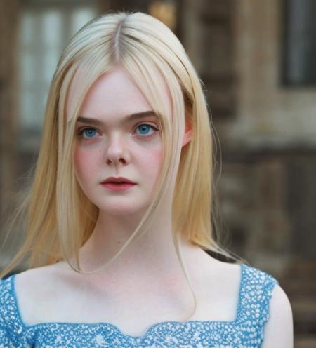 1girl, elle fanning, masterpiece,best quality, photorealistic, detailed, 4k, HDR, short neck, backlighting, light, RAW color photo,photo background, (fully in frame:1.1), detailed skin, pretty nose,simetrical eyes, young woman, blue eyes, 3113fann1ng3