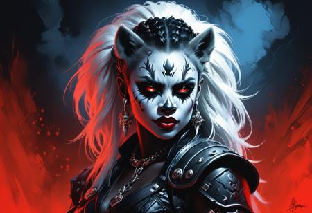 Midjourney, MJ, Midjourney style, realism, cinematic quality, play of light, Digital painting of a Werewolf hyena girl, black skin, poised before attack, Kelley Jones and Joe Jusko style, J Horror anime-inspired aesthetics, Necropunk elements, sensual and charming demeanor, African features with war paint makeup, ferocious beast-like mouth with sharp fangs, white ponytail hair, red lighting highlights grand eyes, adorned with contrasting leather scraps, positioned crouched