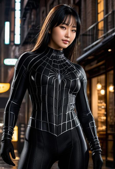 score_9, score_8_up, score_7_up, best quality, realistic, masterpiece, beautiful detail, hyperrealistic, cafe, ((1girl, woman body, huge breasts)), amazing detailed full body portrait of a beautiful japanese girl, wearing a realistic and highly detailed black raimi spider-man suit, ((huge muscular girl)), professional model wears ultra - detailed and grained black raimi spider - man suit, suit covered entire body and hand, black spiderman gloves, wet, (full body),((standing, full body shot, pose variation:1.5, alternate pose:1.5, selfie)), (((depth of field))), sweet smile, black hair, octane render, highly detailed, volumetric, dramatic lighting, (highest quality:1.1), (HDR:1.3), (top quality, best quality), realistic, high definition, Expressionism - sharp focus, professional photography, masterpiece, ultra detailed photograph, high quality, 8k,