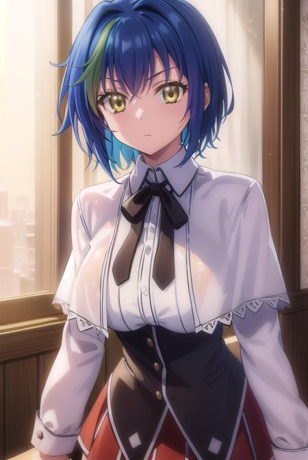 xenoviaquarta, <lora:dxd xenovia quarta anime s2-lora-nochekaiser:1>,
xenovia quarta, short hair, blue hair, (yellow eyes:1.5), multicolored hair, green hair, two-tone hair, streaked hair,
BREAK shirt, ribbon, school uniform, white shirt, black ribbon, neck ribbon, capelet, black capelet, long sleeves, skirt, red skirt,
BREAK indoors, classroom,
BREAK looking at viewer, (cowboy shot:1.5),
BREAK <lyco:GoodHands-beta2:1>, (masterpiece:1.2), best quality, high resolution, unity 8k wallpaper, (illustration:0.8), (beautiful detailed eyes:1.6), extremely detailed face, perfect lighting, extremely detailed CG, (perfect hands, perfect anatomy),