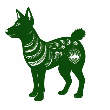 a papercutcd dog, green theme, (solo:1.2), <lora:papercutcd-000008:1.0>, no humans, high quality, masterpiece, realistic, photorealistic, (full body, white background:1.3)