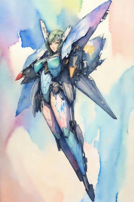 (watercolor art:1.5), 2d artwork, line art, cenptual art, a flying mecha-cyber woman, cybernetics,  <lora:Llebbeuswoods
:1.5>, (seductive pose), aviation