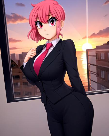 cowboy shot, pink hair, medium hair, red eyes, serious, breasts, black suit, formal suit, red necktie, office, window, sunset, big eyes, <lora:Sayman:0.6>