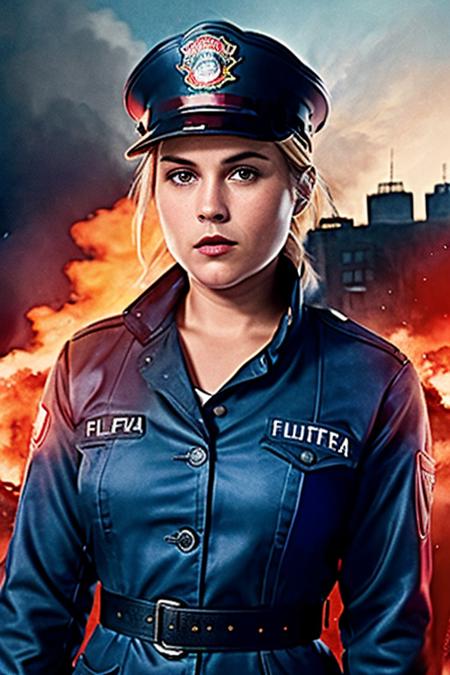 a photo of (MonicaRaymundV4-900:1.1) (in dressed as a firefighter blue:1.2), full body,((front view)), red lips, and a ((close up:1.3)),  background is city ruins, (high detailed skin:1.2), 8k uhd, dslr, soft lighting, high quality, film grain, Fujifilm XT3