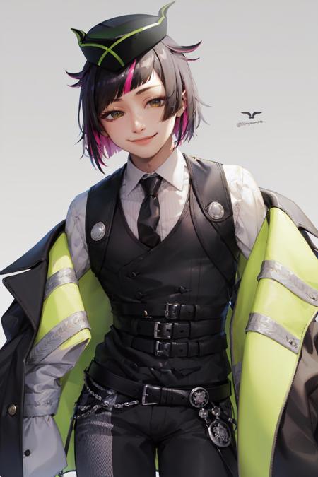 (masterpiece, best quality:1.2), <lora:twisted_vanrouge-10:1>, cowboy shot, solo, male focus, 1boy, lilia vanrouge, smile, looking at viewer, multicolored hair, black hair, streaked pink hair, hat, off shoulder, jacket, white shirt, black necktie, long sleeves, vest, black pants, black gloves