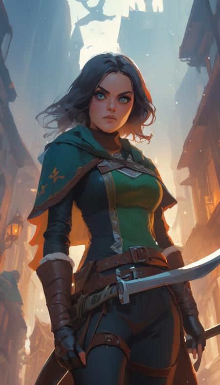 A beautiful female rogue, extremely beautiful detailed piercing eyes, hero view, action pose, cinematic scene, scenery, detailed background, masterpiece, best quality, high quality, highres, absurdres, very detailed, high resolution, sharp, sharp image, 8k, vivid, colorful, stunning, Toni Infante <lora:toni_infante_xl_v1:1>