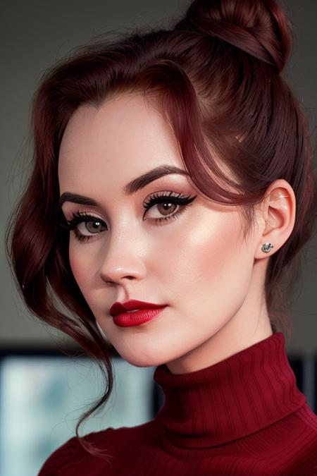 photo of sydneywatson:0.99, ((dark red hair, hair up, hair in bun)), a woman, ((turtleneck sweater)), ((closeup, portrait)), ((conference room)),((red lipstick,eyeliner, eye shadow, blush)), ((best quality, masterpiece, extreme details, high resolution):1.2),((detailed eyes, beautiful eyes, detailed face, beautiful face):1.2)