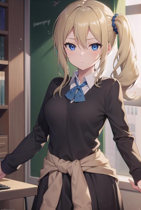 aihayasaka, <lora:aihayasakatest:1>,
ai hayasaka, blonde hair, blue eyes, blue scrunchie, hair between eyes, hair scrunchie, long hair, scrunchie, side ponytail, sidelocks,
BREAK black sweater, blouse, cardigan, cardigan around waist, clothes around waist, collared shirt, dress shirt, long sleeves, school uniform, shirt, shuuchiin academy school uniform, skirt, sweater, white shirt,
BREAK looking at viewer,
BREAK indoors, classroom,
BREAK <lora:GoodHands-vanilla:1>, (masterpiece:1.2), best quality, high resolution, unity 8k wallpaper, (illustration:0.8), (beautiful detailed eyes:1.6), extremely detailed face, perfect lighting, extremely detailed CG, (perfect hands, perfect anatomy),