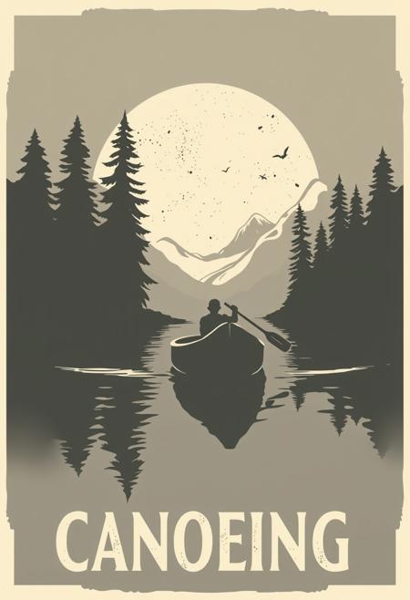 graphical art, canoe, poster design, text "Canoeing", vintage retro style, art deco, travel poster, canoeing, monochrome