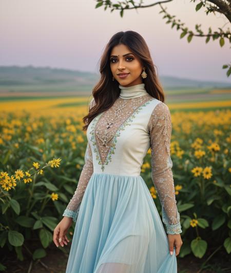 s4ar0m, nature, Spectacular light, Colorful flowering, 8k, soft lighting, high quality, film grain, Olympus OM1 sharp focus, f 3.4, (eye shadow), (eyeliner), ((detailed eyes)), (seductive pose), upper body, smile, upper body, dress, Long dress, breast, Turtleneck, Kaziranga National Park