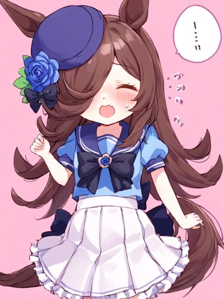 <lora:ç±³æµ´:1>,1girl,solo,rice_shower_\(umamusume\),hair_over_one_eye,animal_ears,skirt,white_skirt,blush,long_hair,blue_flower,flying_sweatdrops,pleated_skirt,horse_ears,shirt,flower,blue_rose,short_sleeves,school_uniform,puffy_sleeves,puffy_short_sleeves,tracen_school_uniform,purple_shirt,hat,hat_flower,bow,blue_headwear,rose,wavy_mouth,facing_viewer,nose_blush,open_mouth,brown_hair,closed_eyes,emphasis_lines,pink_background,frilled_skirt,horse_girl,bangs,chibi,very_long_hair,frills,bowtie,miniskirt,tail,purple_bow,sailor_shirt,blue_shirt,horse_tail,black_bow,sailor_collar,