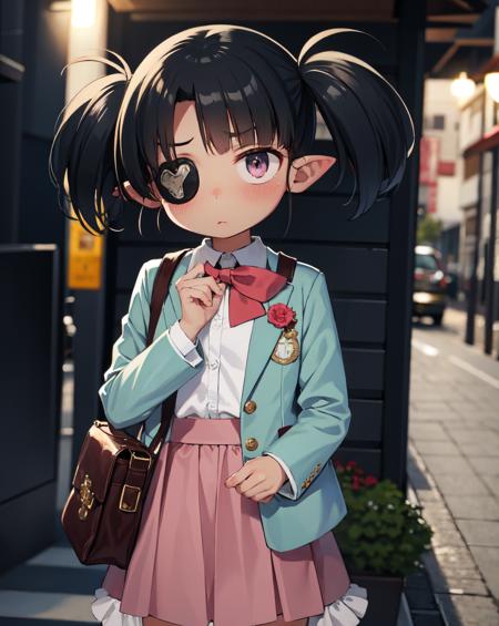 masterpiece, high quality,
isadora, 1girl, solo, blush, skirt, jacket, bag, :<,<lora:isadora_finnsdottir-01:0.7>,eyepatch, pointy ears,