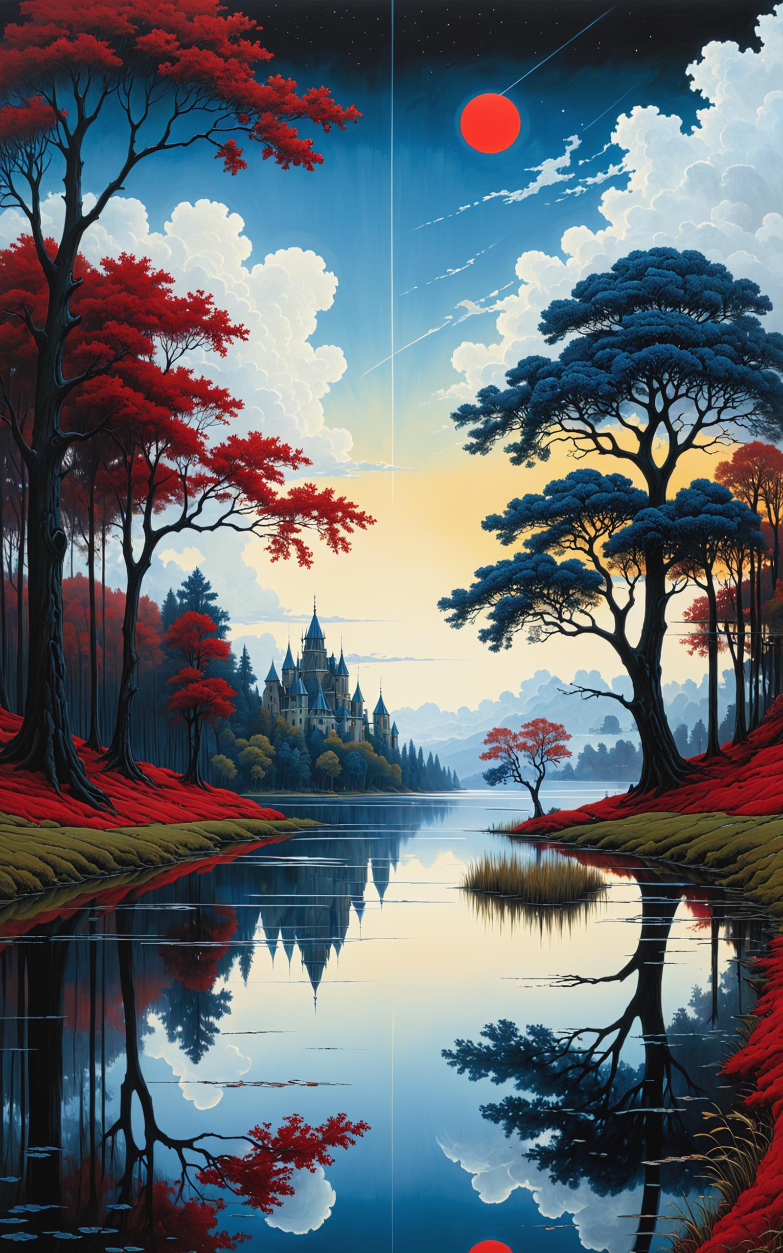 A Painting of a Castle, Trees, and Lake at Sunset